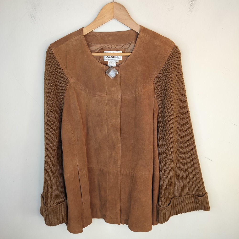 Amx Leather + Chunky Knit Jacket 1X Women's Button Up Boho Western Brown